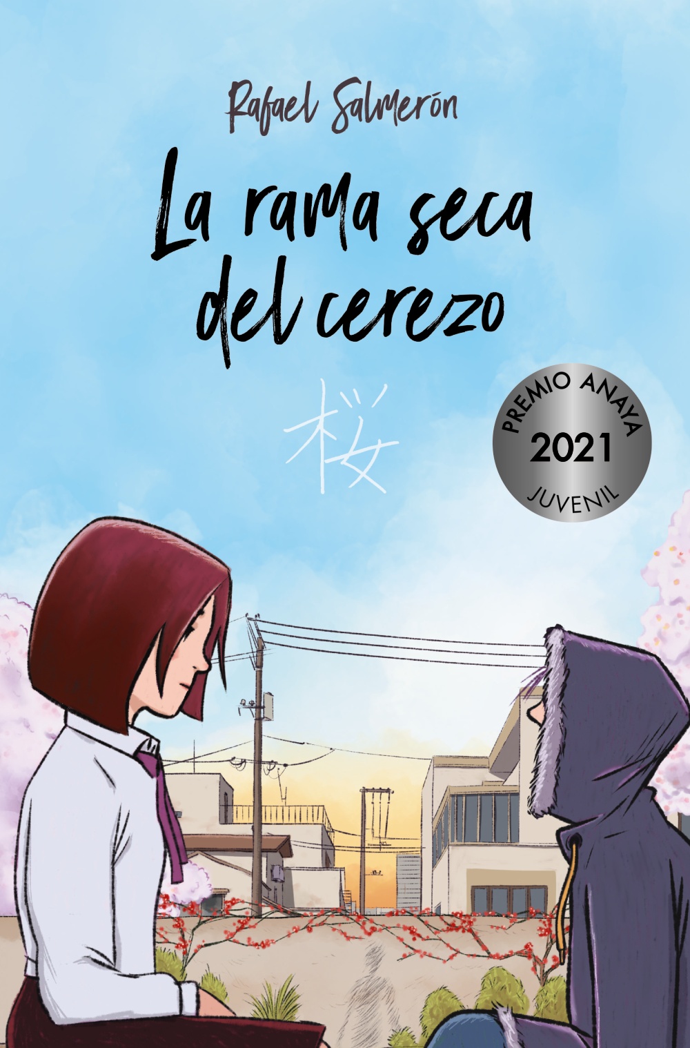 Portada de La rama seca del cerezo. De fondo, una calle de Hiroshima, pero sobre todo, el cielo azul claro. En primer plano, una chica con camisa blanca y pelo corto y liso marrón que se halla frente a una persona de perfil que viste un abrigo de invierno con la capucha puesta. Solo se le ve la nariz.